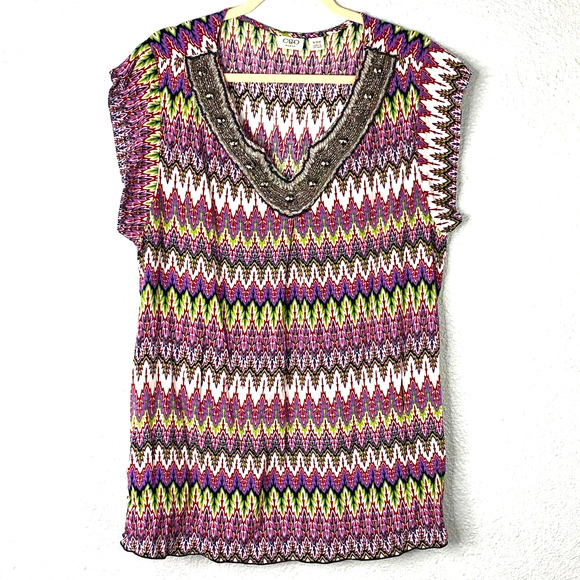 Cato Tops - Cato Top Size 18/20 Womens Plus Colorful Print Cap Sleeve Beaded V-Neck